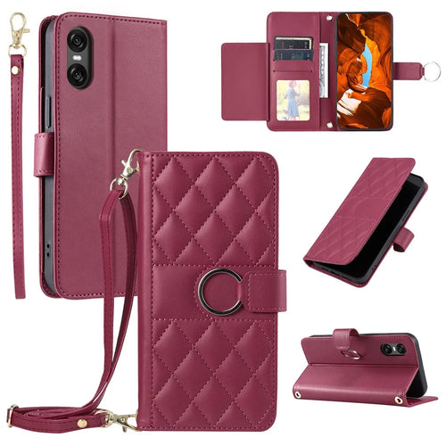 For Sony Xperia 5 VI Crossbody Leather Case Ring Buckle Wallet Stand Rhombus Mobile Cover - Red - 1