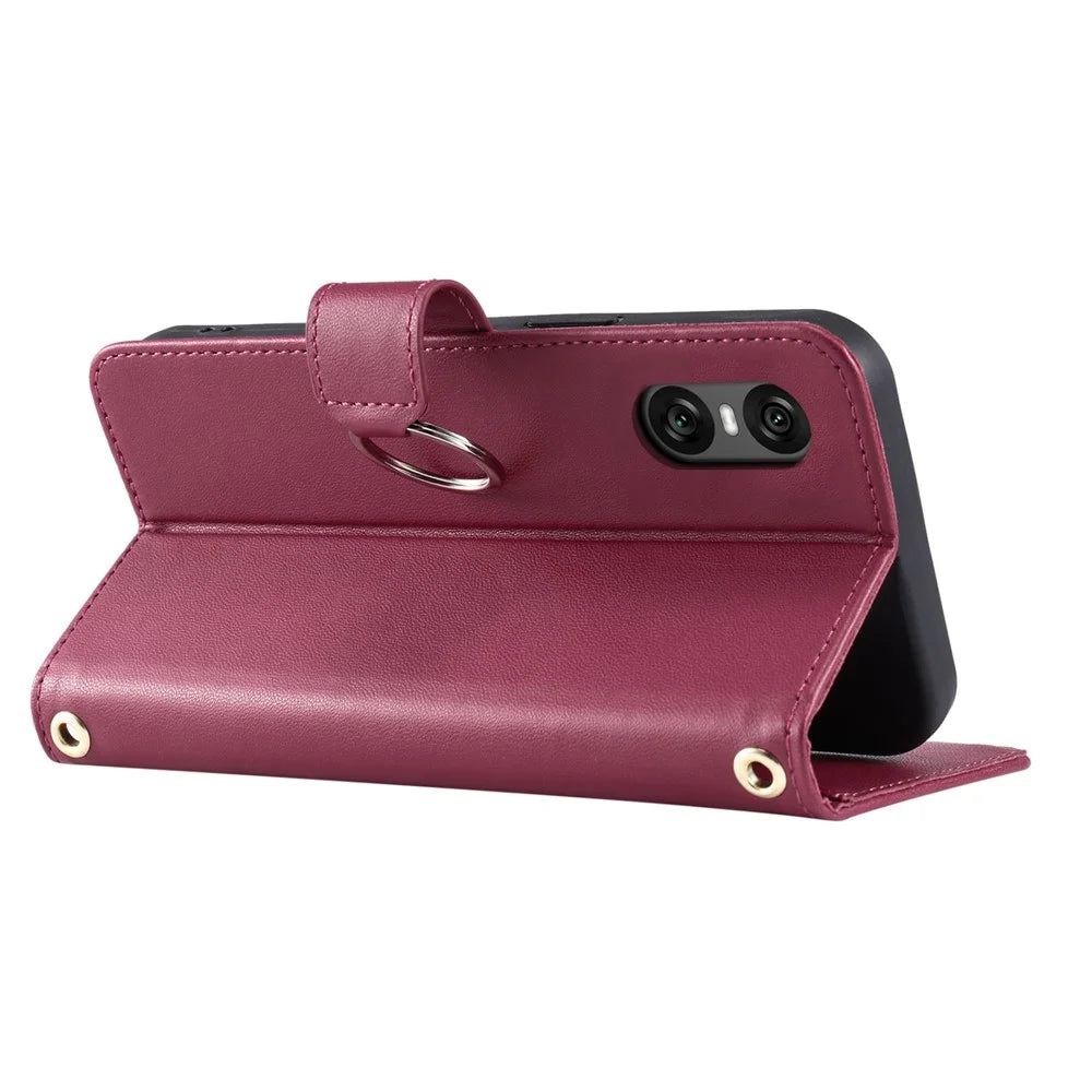 For Sony Xperia 5 VI Crossbody Leather Case Ring Buckle Wallet Stand Rhombus Mobile Cover - Red - 4