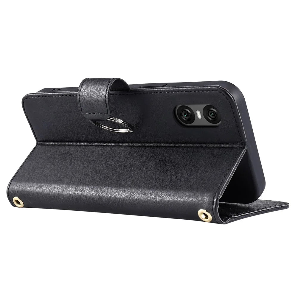 For Sony Xperia 10 VI Crossbody Leather Case Ring Buckle Wallet Stand Rhombus Mobile Cover - Black - 4