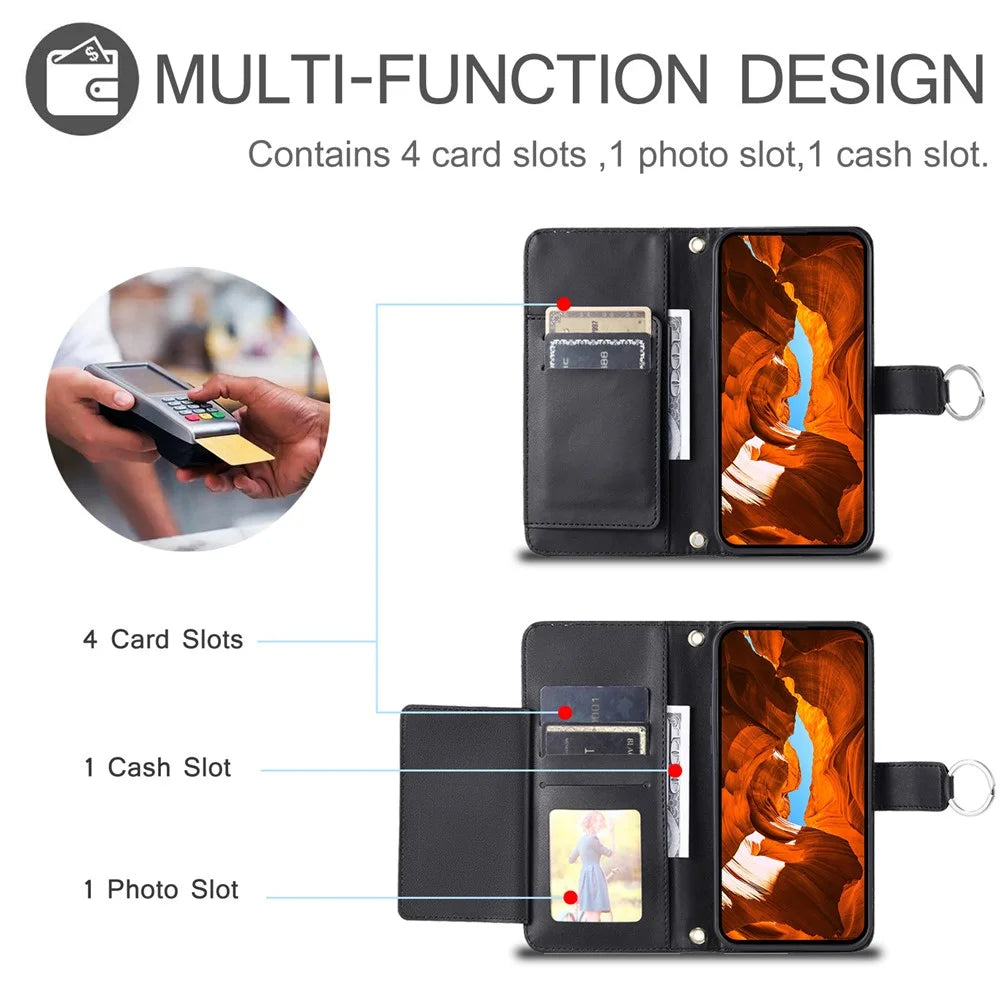 For Sony Xperia 10 VI Crossbody Leather Case Ring Buckle Wallet Stand Rhombus Mobile Cover - Black - 5