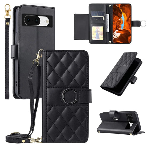 For Google Pixel 8 Crossbody Leather Case Ring Buckle Wallet Stand Rhombus Mobile Cover - Black - 1