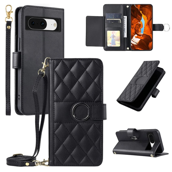 For Google Pixel 8 Crossbody Leather Case Ring Buckle Wallet Stand Rhombus Mobile Cover - Black - 1