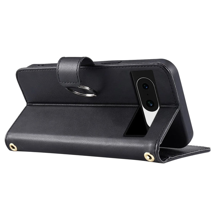 For Google Pixel 8 Crossbody Leather Case Ring Buckle Wallet Stand Rhombus Mobile Cover - Black - 4