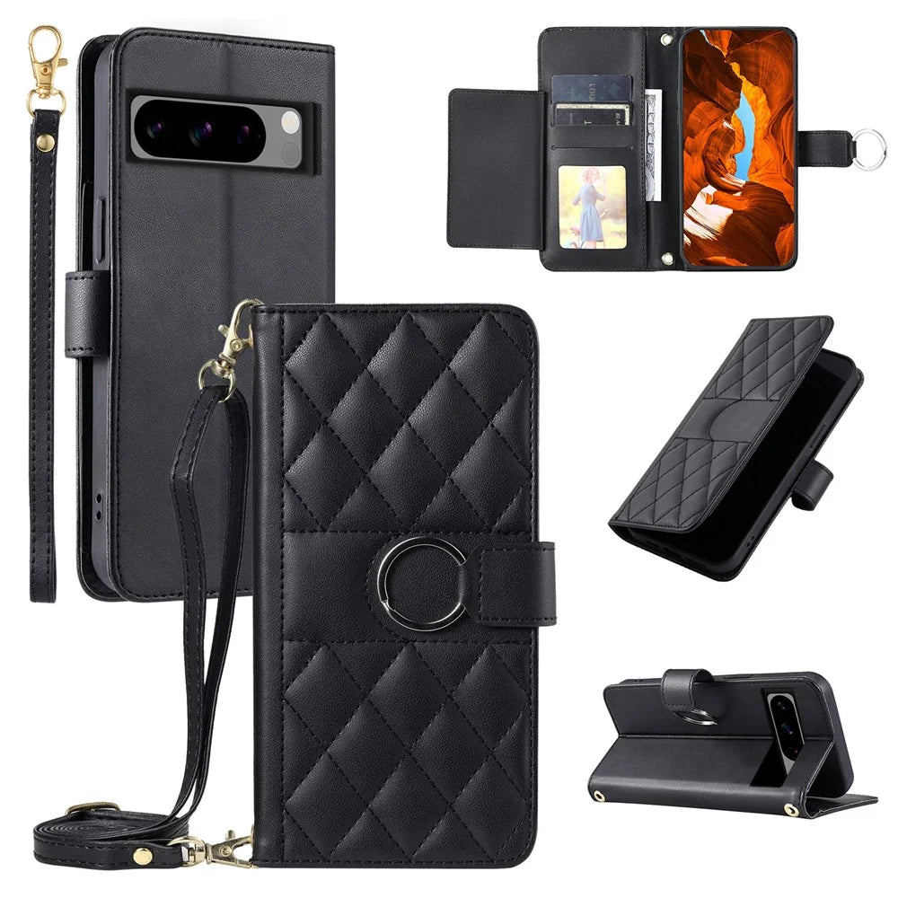 For Google Pixel 8 Pro Crossbody Leather Case Ring Buckle Wallet Stand Rhombus Mobile Cover - Black - 1