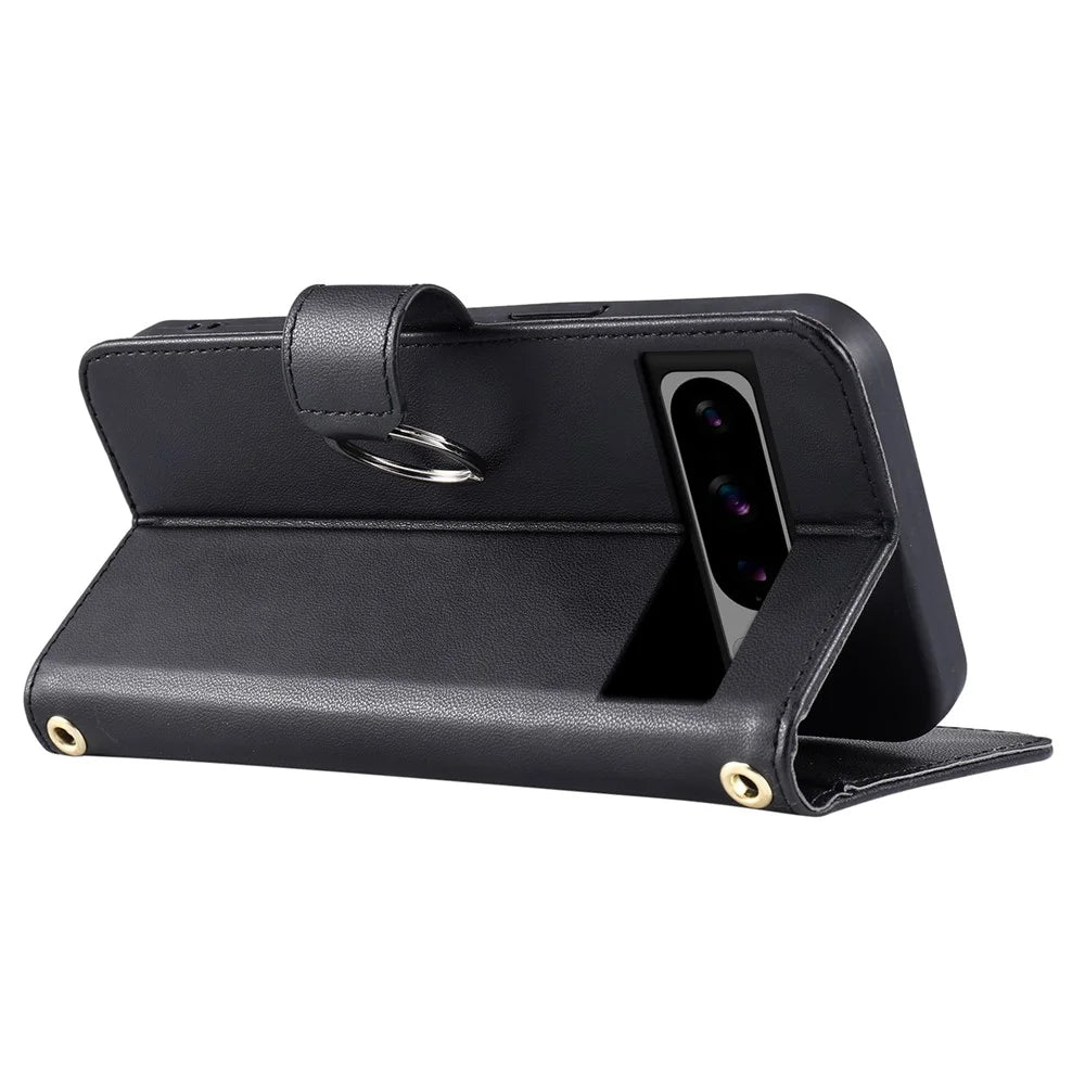 For Google Pixel 8 Pro Crossbody Leather Case Ring Buckle Wallet Stand Rhombus Mobile Cover - Black - 4