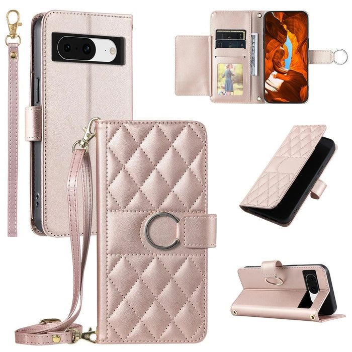 For Google Pixel 8a Crossbody Leather Case Ring Buckle Wallet Stand Rhombus Mobile Cover - Rose Gold - 1