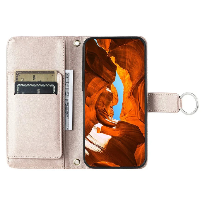 For Google Pixel 8a Crossbody Leather Case Ring Buckle Wallet Stand Rhombus Mobile Cover - Rose Gold - 2