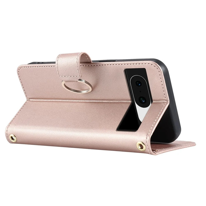 For Google Pixel 8a Crossbody Leather Case Ring Buckle Wallet Stand Rhombus Mobile Cover - Rose Gold - 4