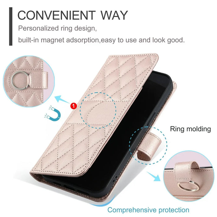 For Google Pixel 8a Crossbody Leather Case Ring Buckle Wallet Stand Rhombus Mobile Cover - Rose Gold - 7