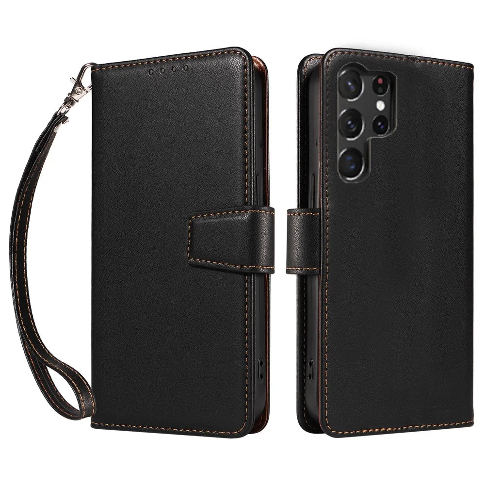 For Samsung Galaxy S25 Ultra Case RFID Blocking Leather Wallet Flip Phone Cover with Wrist Strap - Black - 1