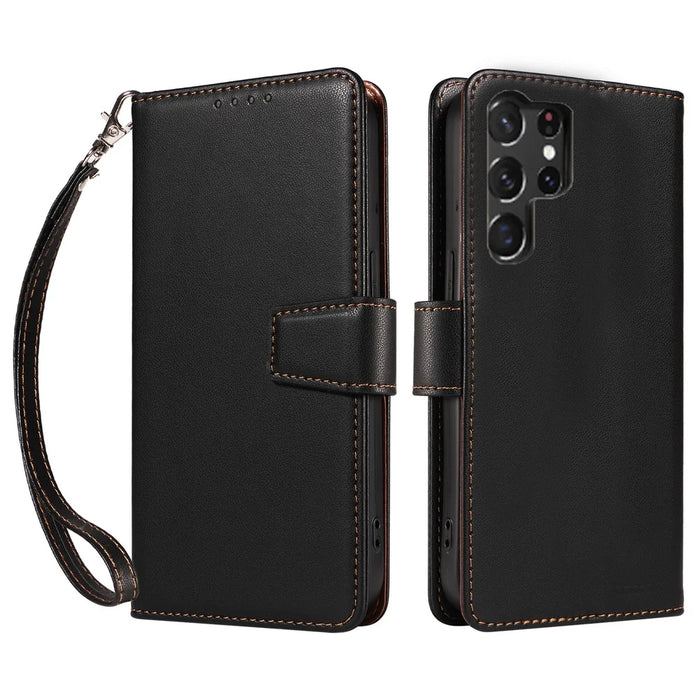 For Samsung Galaxy S25 Ultra Case RFID Blocking Leather Wallet Flip Phone Cover with Wrist Strap - Black - 1