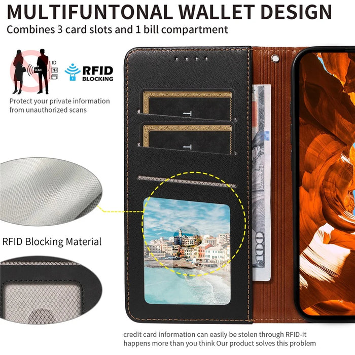 For Samsung Galaxy S25 Ultra Case RFID Blocking Leather Wallet Flip Phone Cover with Wrist Strap - Black - 4
