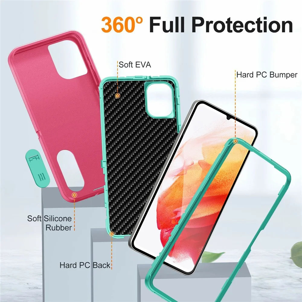 For Samsung Galaxy A06 4G Case Kickstand Phone Cover PC+Silicone+EVA 3-in-1 Design - Rose+Light Cyan - 4