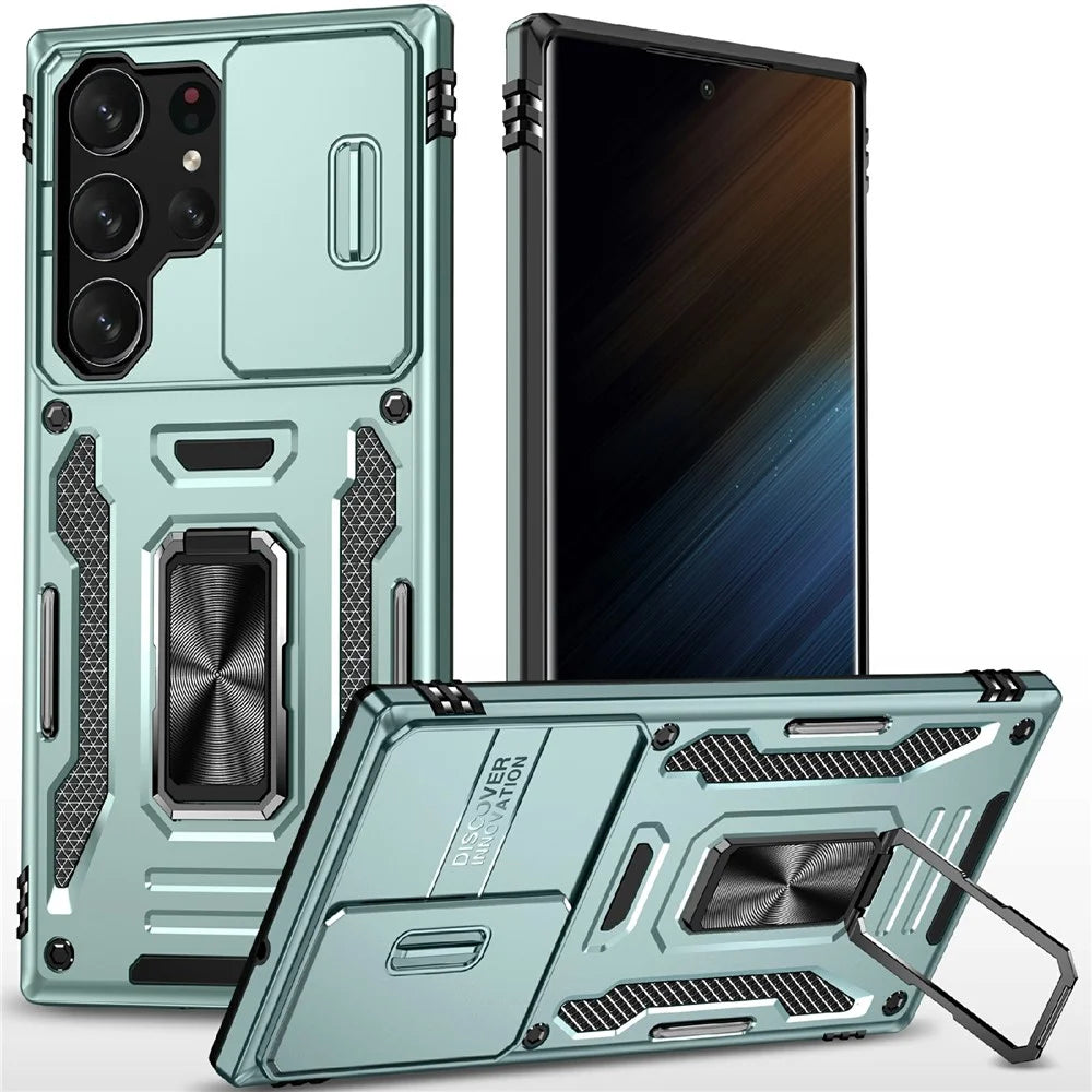 For Samsung Galaxy S25 Ultra Case Kickstand Slide Lens Lid PC+TPU Drop-Proof Phone Cover - Green - 1