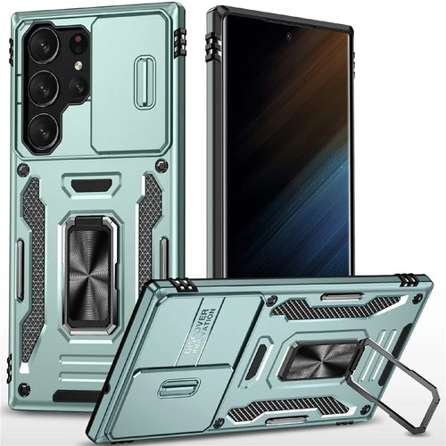 For Samsung Galaxy S25 Ultra Case Kickstand Slide Lens Lid PC+TPU Drop-Proof Phone Cover - Green - 1