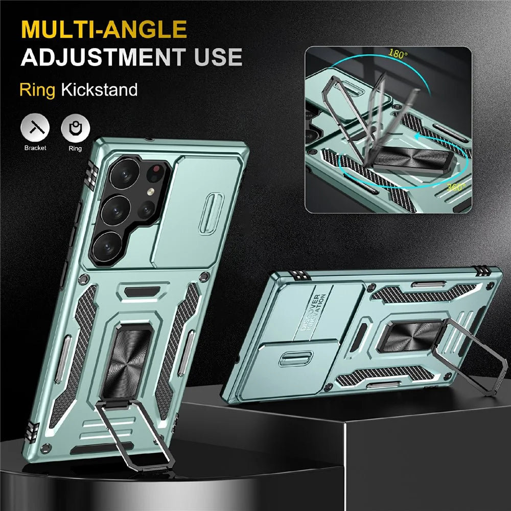 For Samsung Galaxy S25 Ultra Case Kickstand Slide Lens Lid PC+TPU Drop-Proof Phone Cover - Green - 2