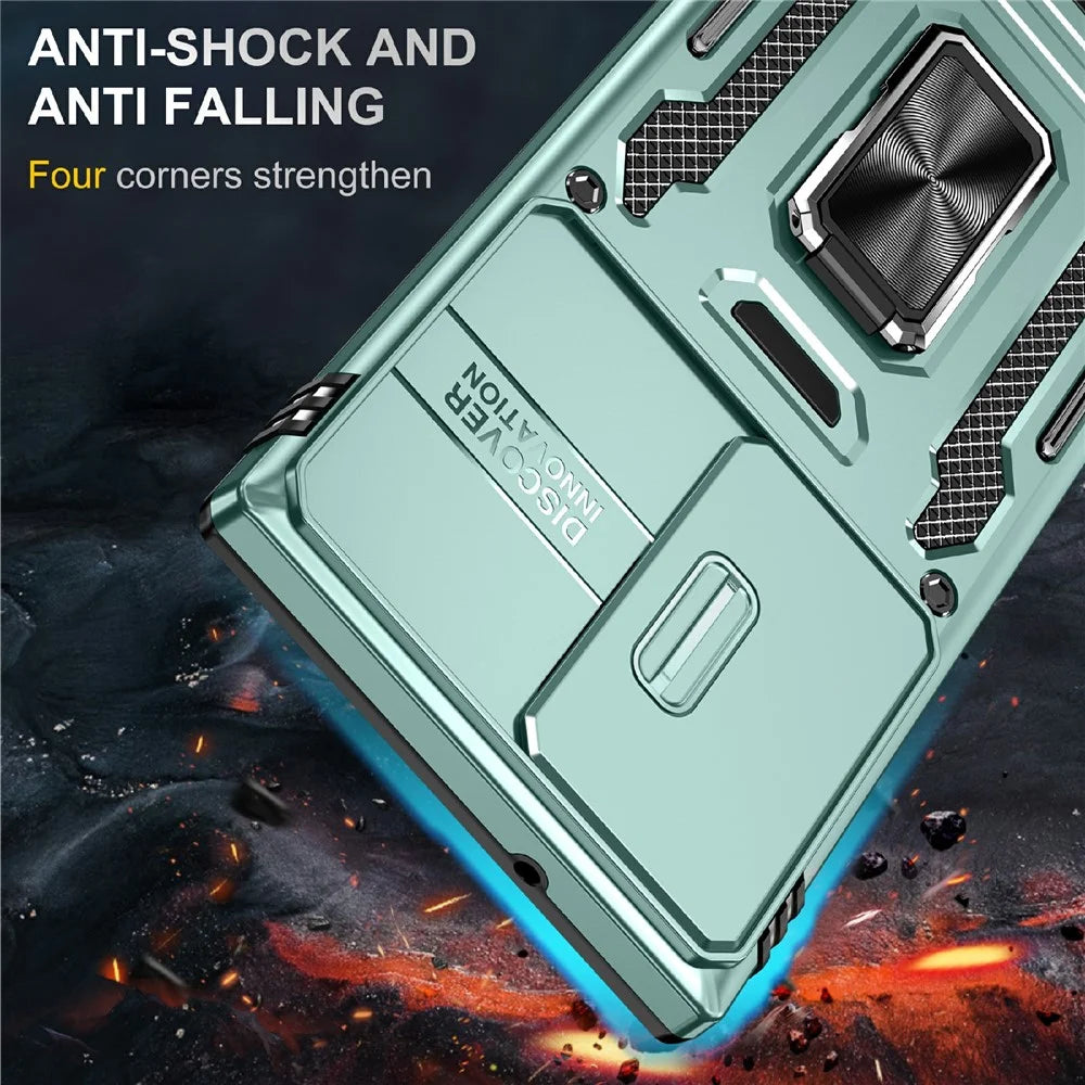 For Samsung Galaxy S25 Ultra Case Kickstand Slide Lens Lid PC+TPU Drop-Proof Phone Cover - Green - 5