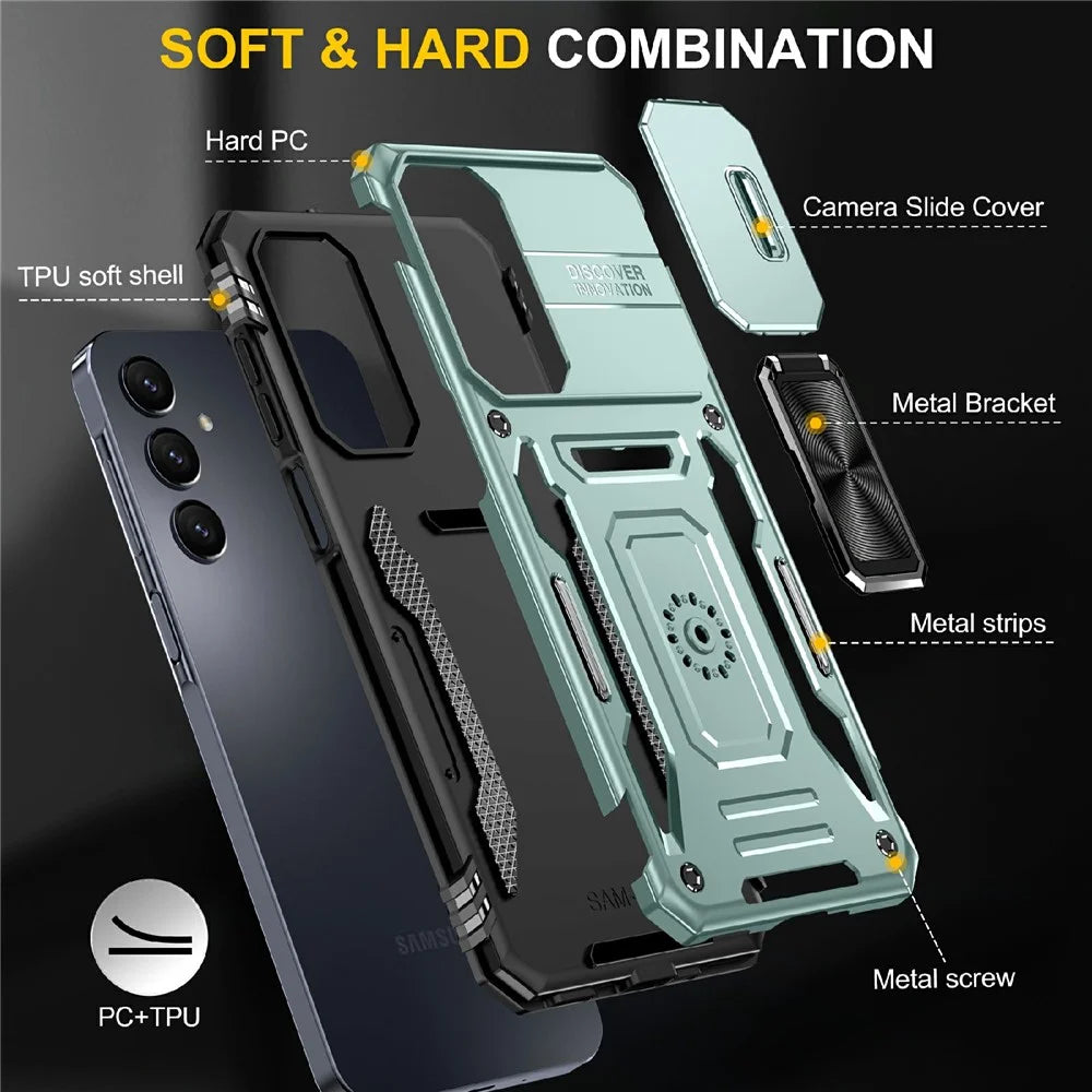 For Samsung Galaxy A16 4G / 5G Case Kickstand Slide Lens Lid PC+TPU Drop-Proof Phone Cover - Green - 4