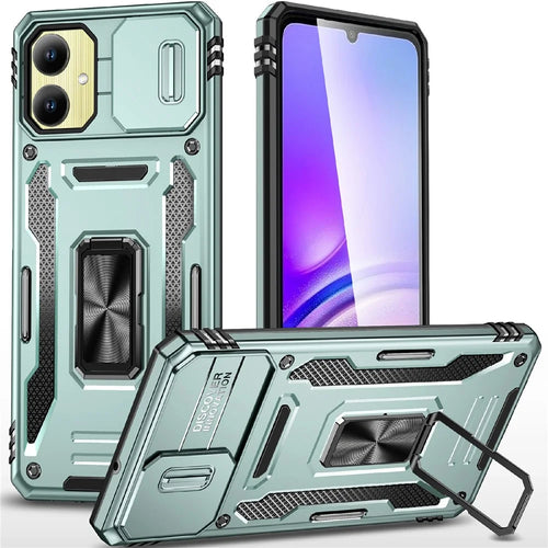 For Samsung Galaxy A06 4G Case Kickstand Slide Lens Lid PC+TPU Drop-Proof Phone Cover - Green - 1