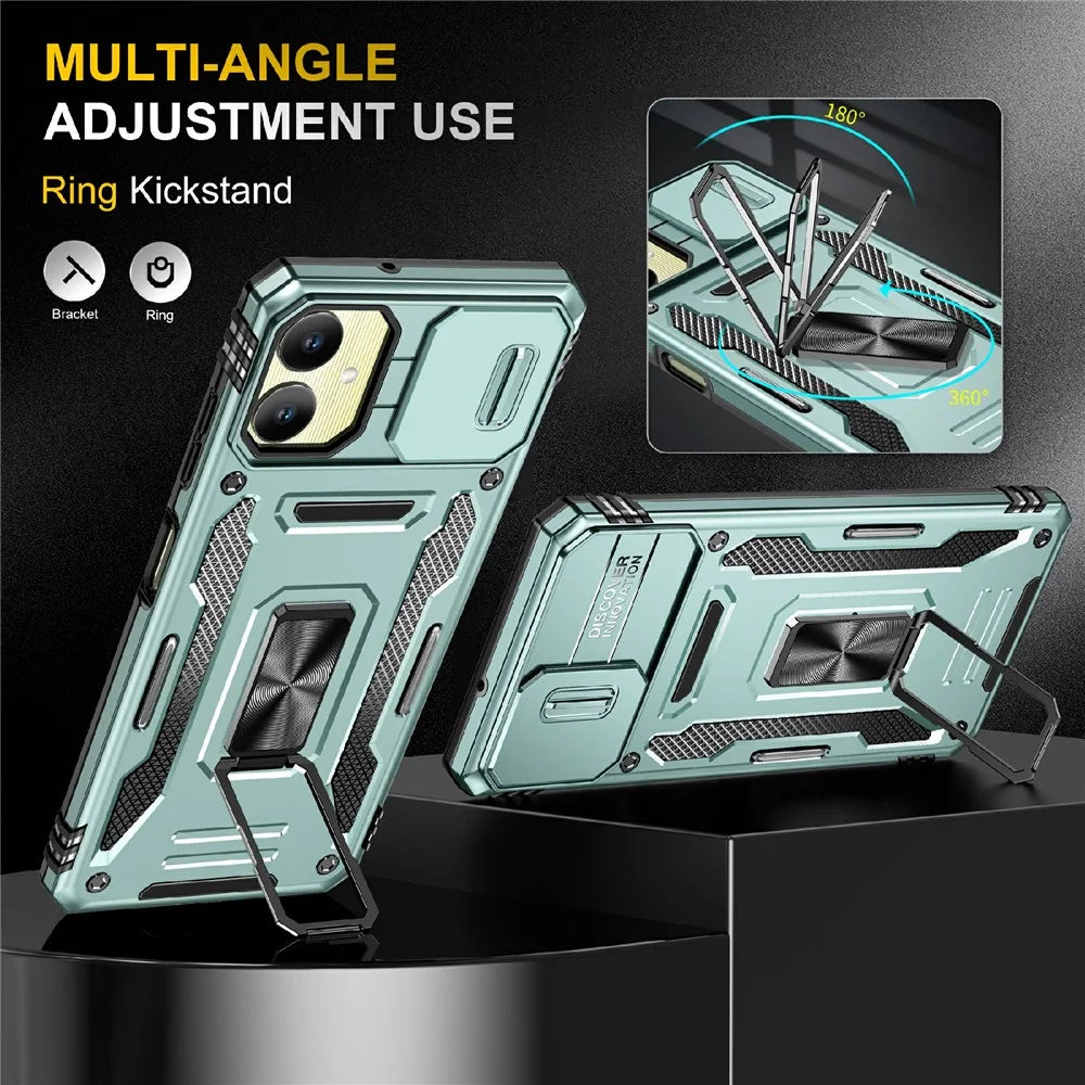 For Samsung Galaxy A06 4G Case Kickstand Slide Lens Lid PC+TPU Drop-Proof Phone Cover - Green - 2