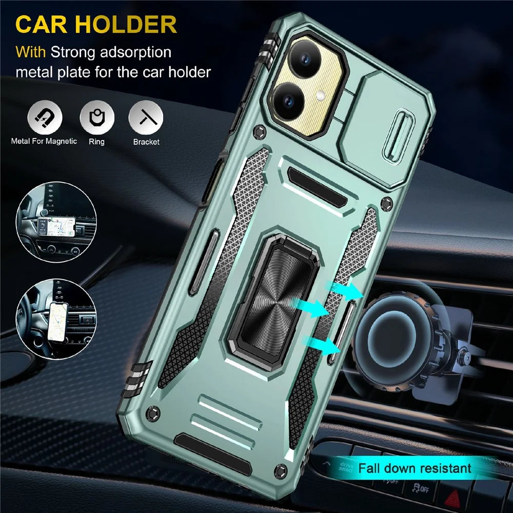 For Samsung Galaxy A06 4G Case Kickstand Slide Lens Lid PC+TPU Drop-Proof Phone Cover - Green - 3