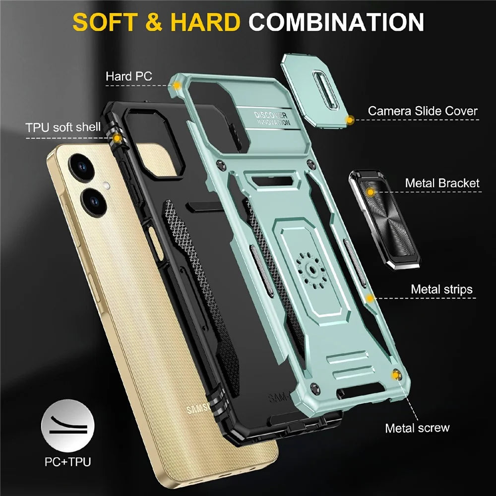 For Samsung Galaxy A06 4G Case Kickstand Slide Lens Lid PC+TPU Drop-Proof Phone Cover - Green - 4