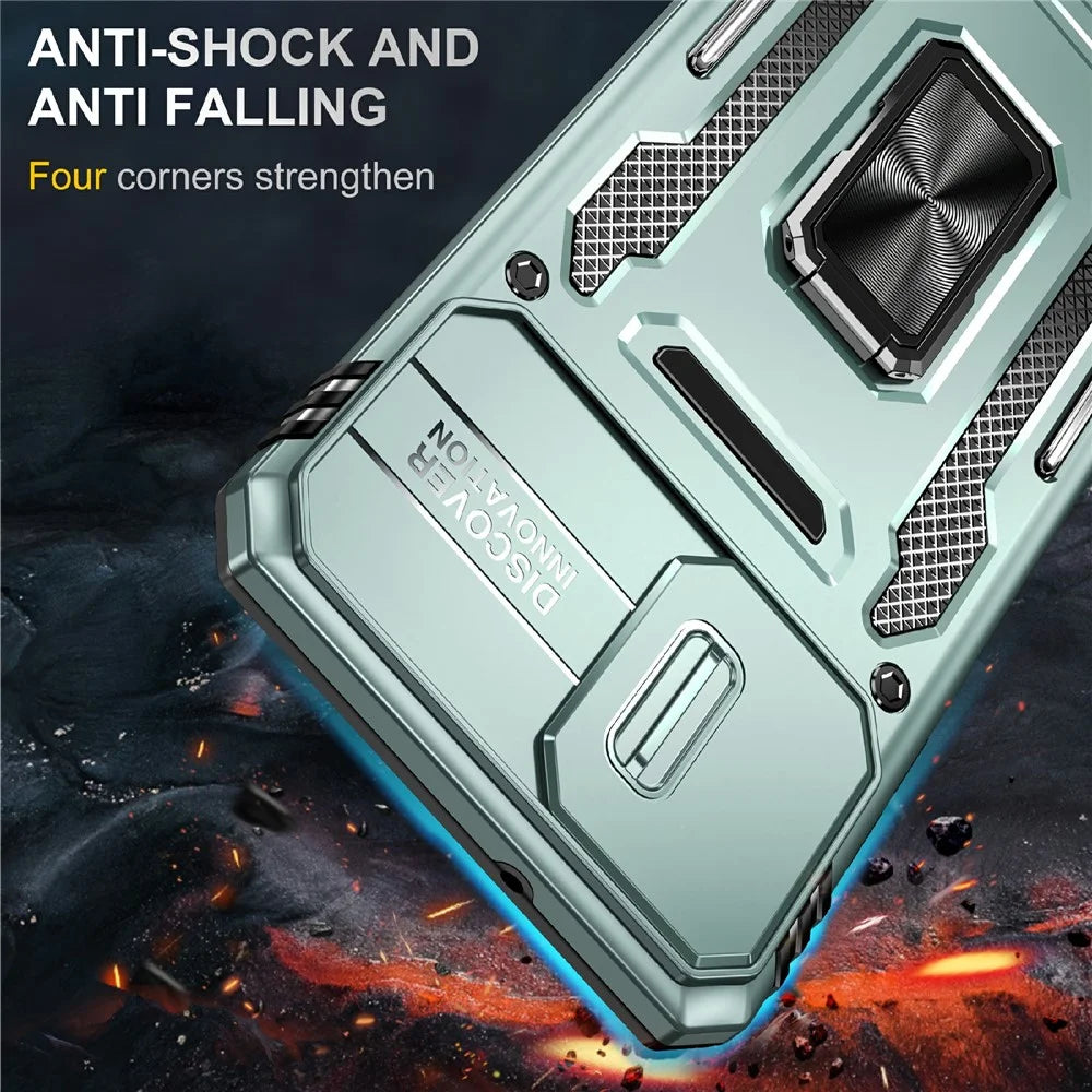 For Samsung Galaxy A06 4G Case Kickstand Slide Lens Lid PC+TPU Drop-Proof Phone Cover - Green - 5