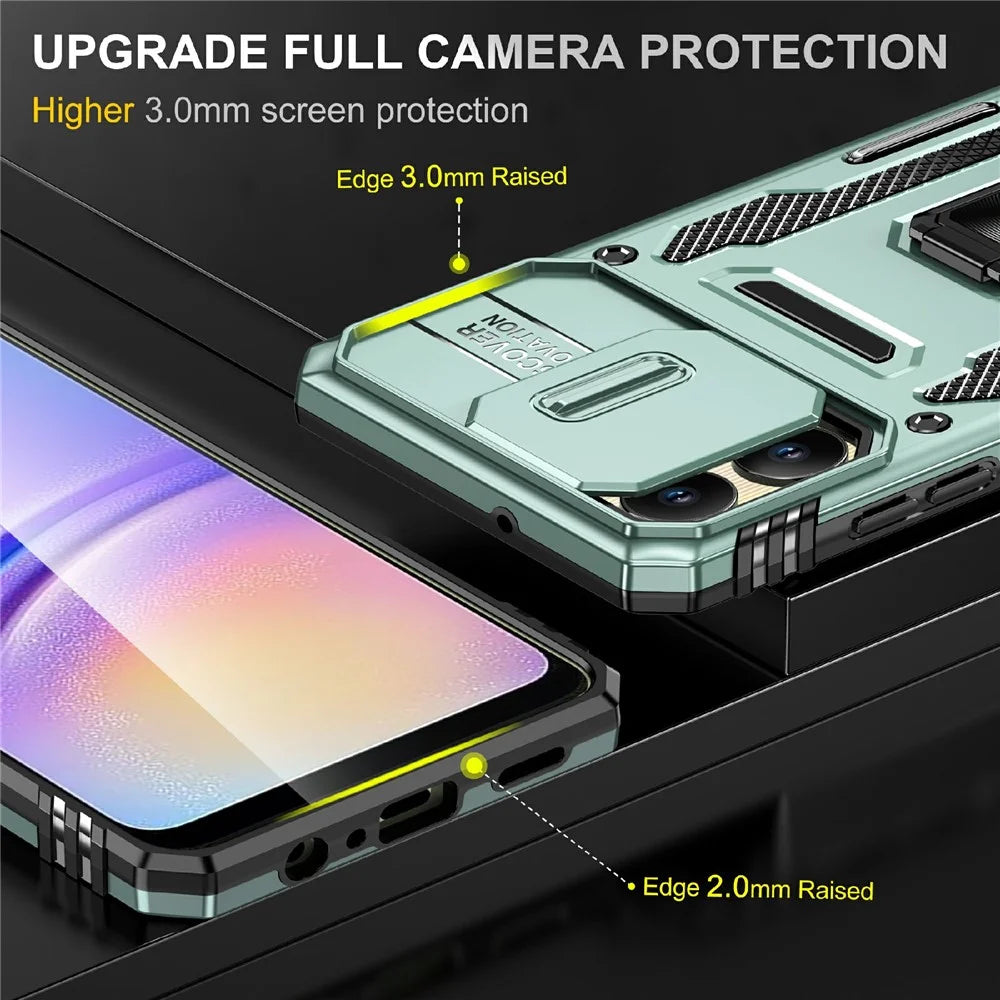 For Samsung Galaxy A06 4G Case Kickstand Slide Lens Lid PC+TPU Drop-Proof Phone Cover - Green - 6