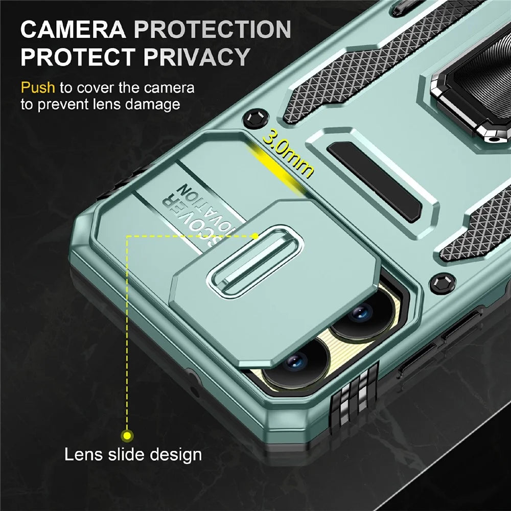 For Samsung Galaxy A06 4G Case Kickstand Slide Lens Lid PC+TPU Drop-Proof Phone Cover - Green - 7