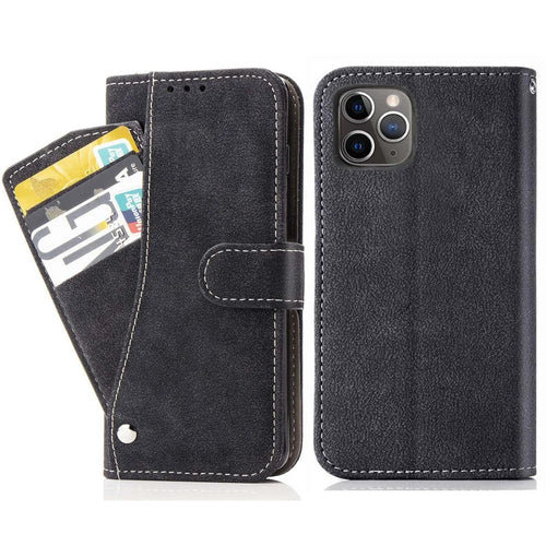 For iPhone 13 Pro Max 6.7 inch PU Leather Phone Case Built-in Rotating Card Holder Wear-resistant Retro Texture Stand Wallet Phone Shell - Black - 1