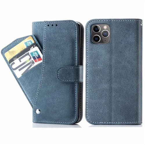 For iPhone 13 Pro 6.1 inch Rotating Card Slots Holder Stand Wallet Phone Shell Wear-resistant Retro Texture PU Leather Phone Case - Blue - 1