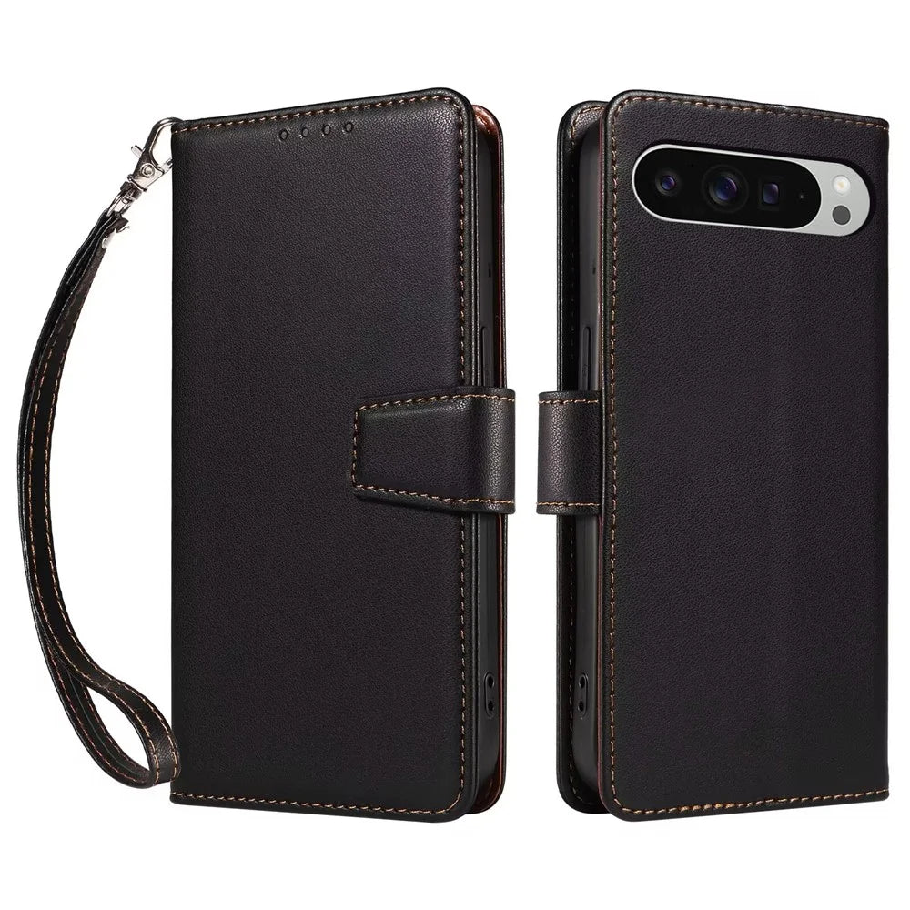 For Google Pixel 9 /  9 Pro Case RFID Blocking Leather Wallet Flip Phone Cover with Wrist Strap - Black - 1