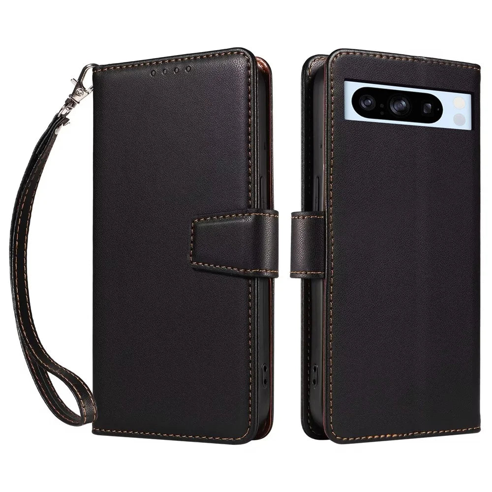 For Google Pixel 8 Pro Case RFID Blocking Leather Wallet Flip Phone Cover with Wrist Strap - Black - 1