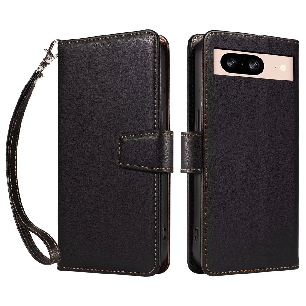 For Google Pixel 8 Case RFID Blocking Leather Wallet Flip Phone Cover with Wrist Strap - Black - 1