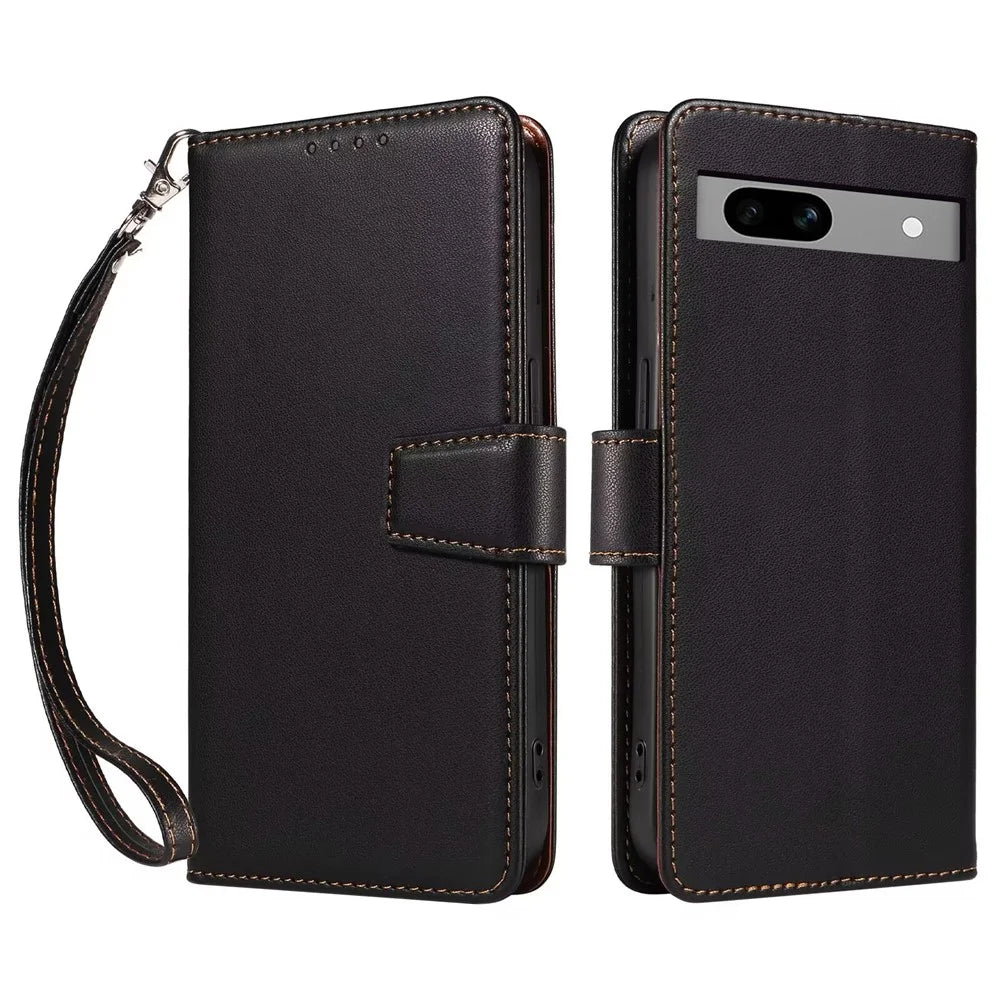 For Google Pixel 7a Case RFID Blocking Leather Wallet Flip Phone Cover with Wrist Strap - Black - 1
