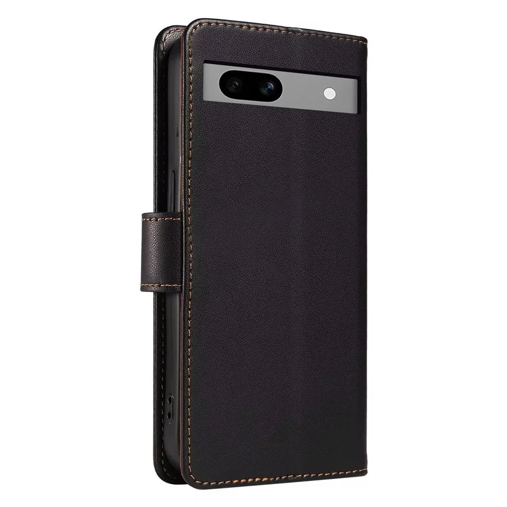 For Google Pixel 7a Case RFID Blocking Leather Wallet Flip Phone Cover with Wrist Strap - Black - 6