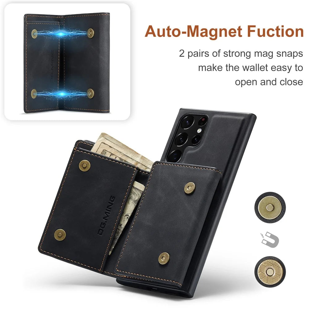 DG.MING M1 Series for Samsung Galaxy S25 Ultra Case Kickstand PU Phone Cover with Detachable Wallet - Black - 7