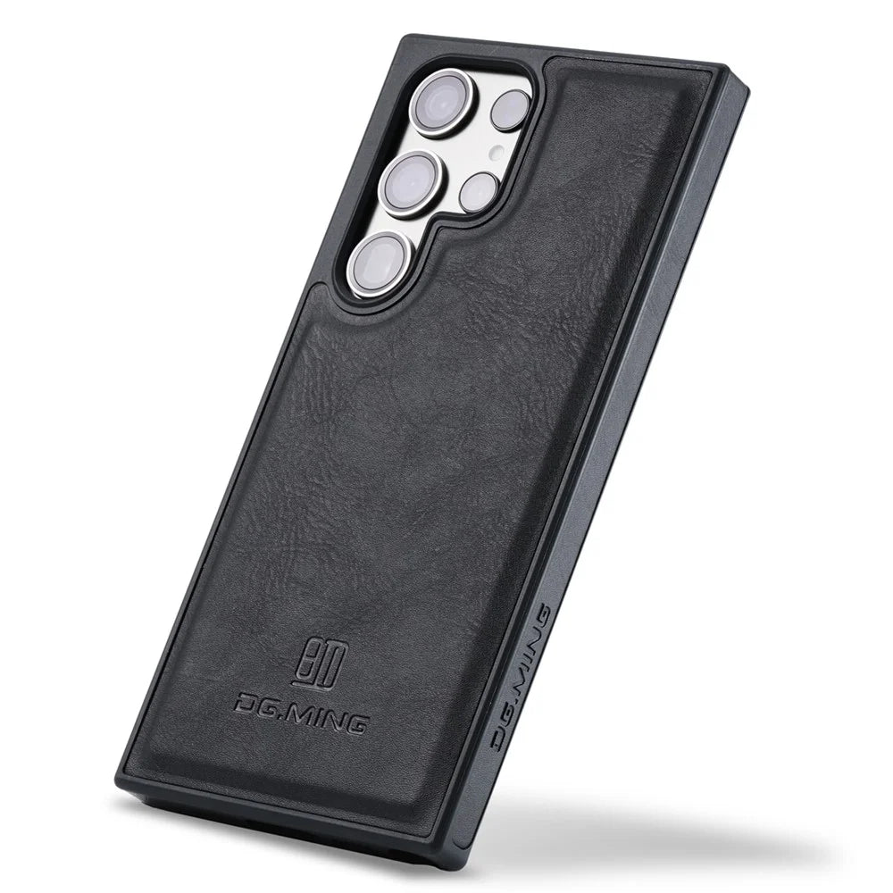 DG.MING For Samsung Galaxy S25 Ultra Case Anti-Drop Leather Coated PC+TPU Phone Back Cover - Black - 5