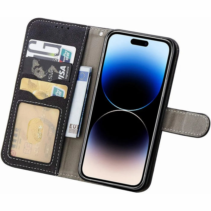 For iPhone 14 Pro Anti-scratch Phone Case Retro Texture PU Leather Rotating Card Slot Stand Wallet Phone Cover - Black - 2