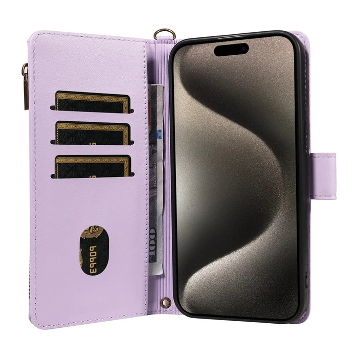For iPhone 16 Pro Leather Case with Card Holder, RFID Blocking Wallet Phone Cover Rhombus Pattern - Purple - 2