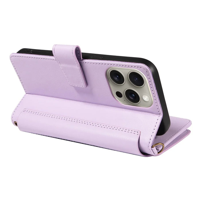 For iPhone 16 Pro Leather Case with Card Holder, RFID Blocking Wallet Phone Cover Rhombus Pattern - Purple - 5