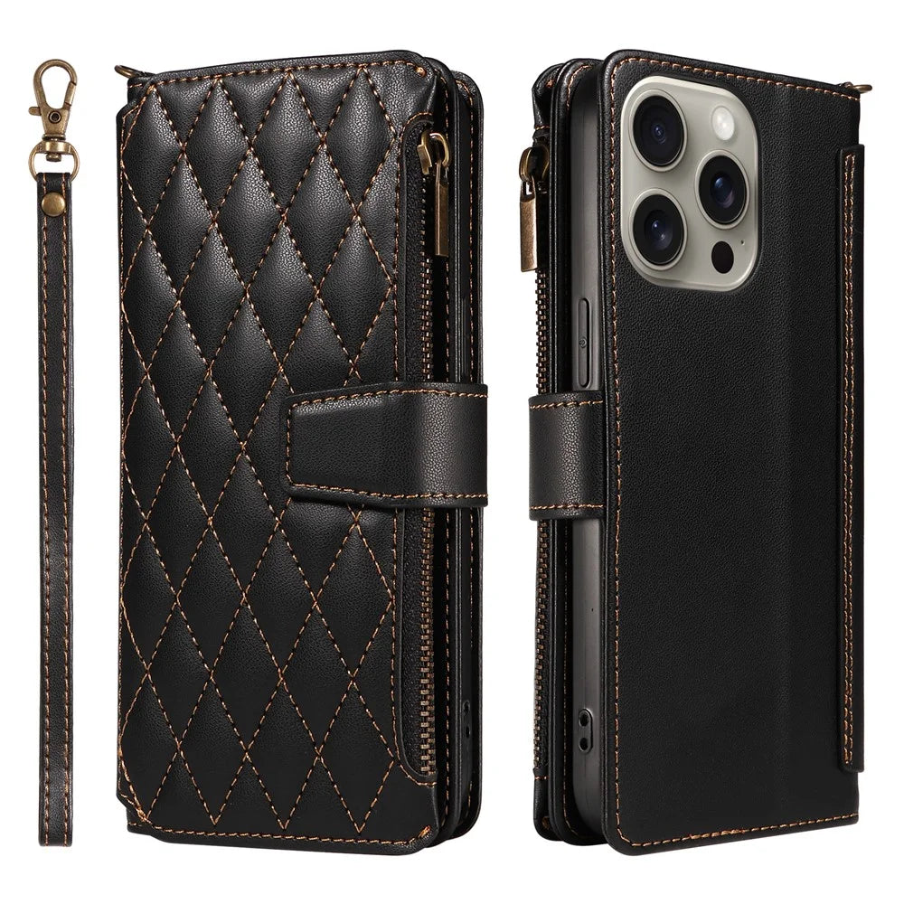 For iPhone 16 Pro Max Leather Case with Card Holder, RFID Blocking Wallet Phone Cover Rhombus Pattern - Black - 1