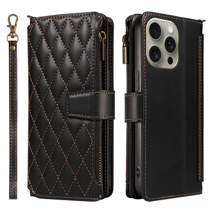 For iPhone 16 Pro Max Leather Case with Card Holder, RFID Blocking Wallet Phone Cover Rhombus Pattern - Black - 1