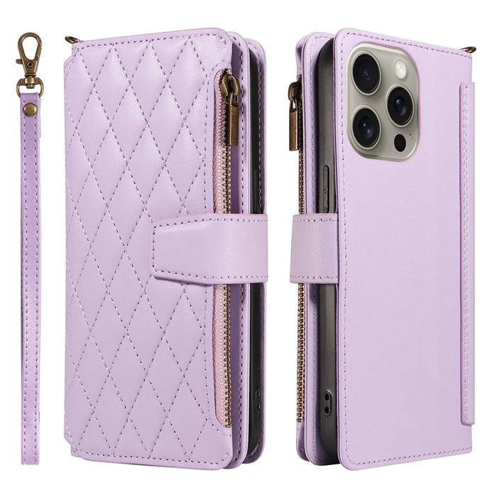 For iPhone 15 Pro Leather Case with Card Holder, RFID Blocking Wallet Phone Cover Rhombus Pattern - Purple - 1