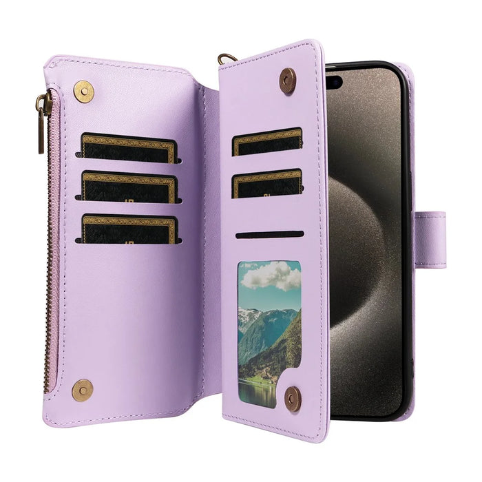 For iPhone 15 Pro Leather Case with Card Holder, RFID Blocking Wallet Phone Cover Rhombus Pattern - Purple - 3