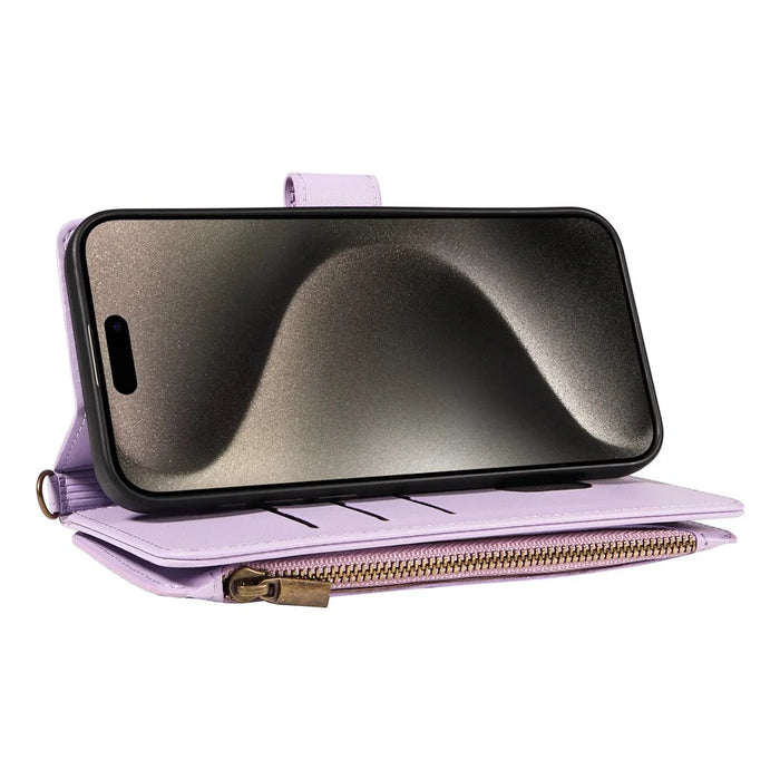 For iPhone 15 Pro Leather Case with Card Holder, RFID Blocking Wallet Phone Cover Rhombus Pattern - Purple - 4