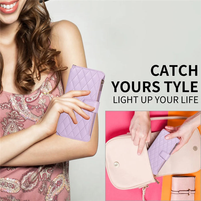 For iPhone 15 Pro Leather Case with Card Holder, RFID Blocking Wallet Phone Cover Rhombus Pattern - Purple - 7