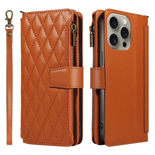 For iPhone 15 Pro Max Leather Case with Card Holder, RFID Blocking Wallet Phone Cover Rhombus Pattern - Yellow - 1