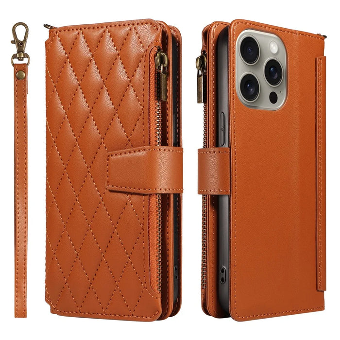 For iPhone 15 Pro Max Leather Case with Card Holder, RFID Blocking Wallet Phone Cover Rhombus Pattern - Yellow - 1