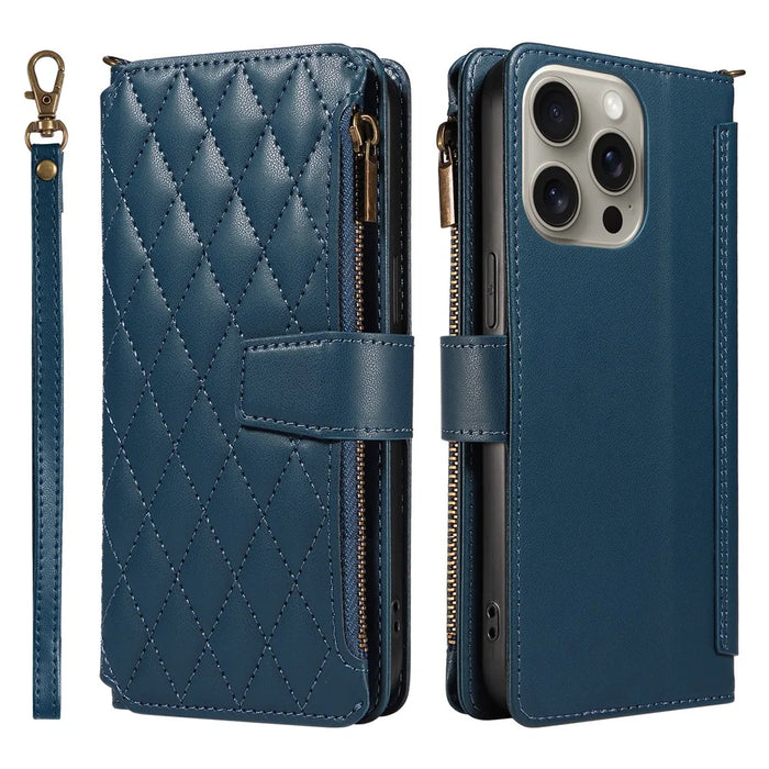 For iPhone 14 Pro Max Leather Case with Card Holder, RFID Blocking Wallet Phone Cover Rhombus Pattern - Blue - 1